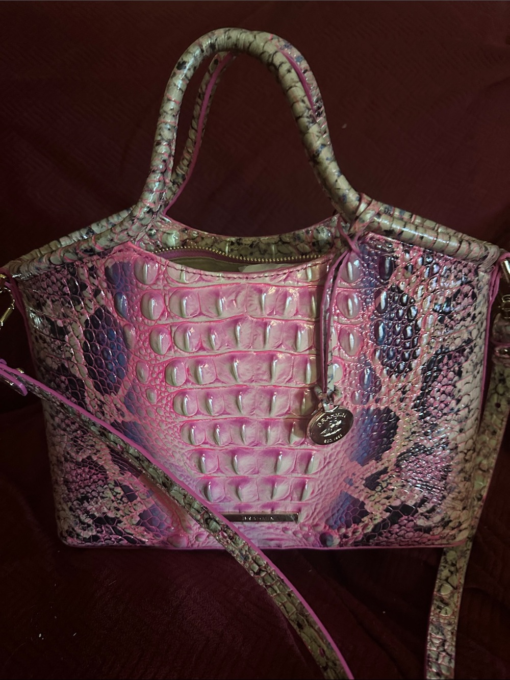 Brahmin Pink and Cream Croc-Embossed Tote
